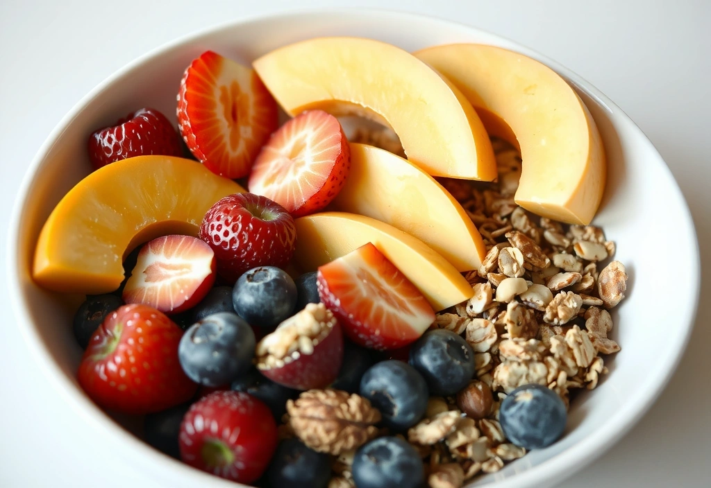Healthy breakfast bowl with fresh fruits and nuts