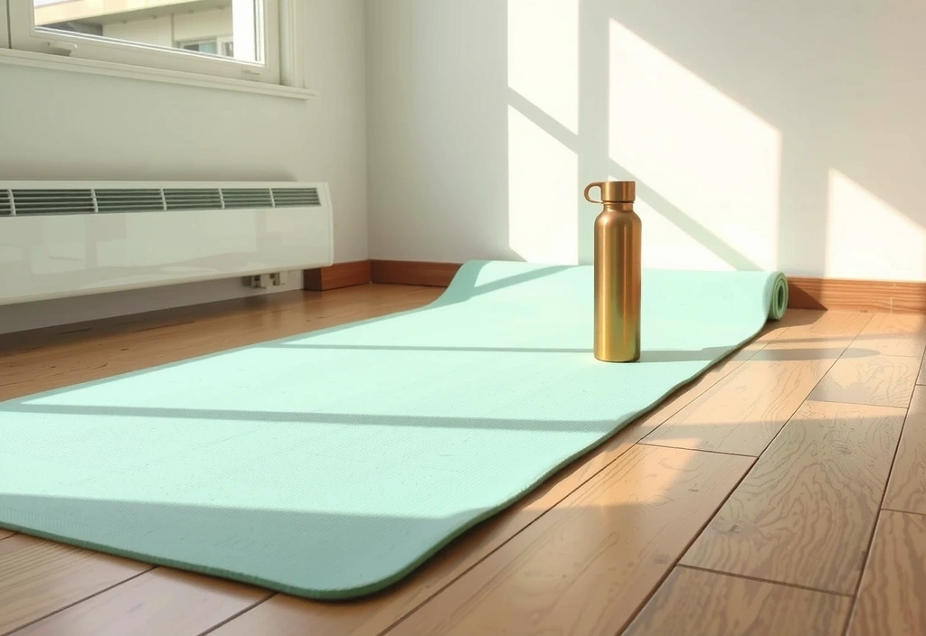Yoga mat and water bottle in a sunlit room, ready for practice