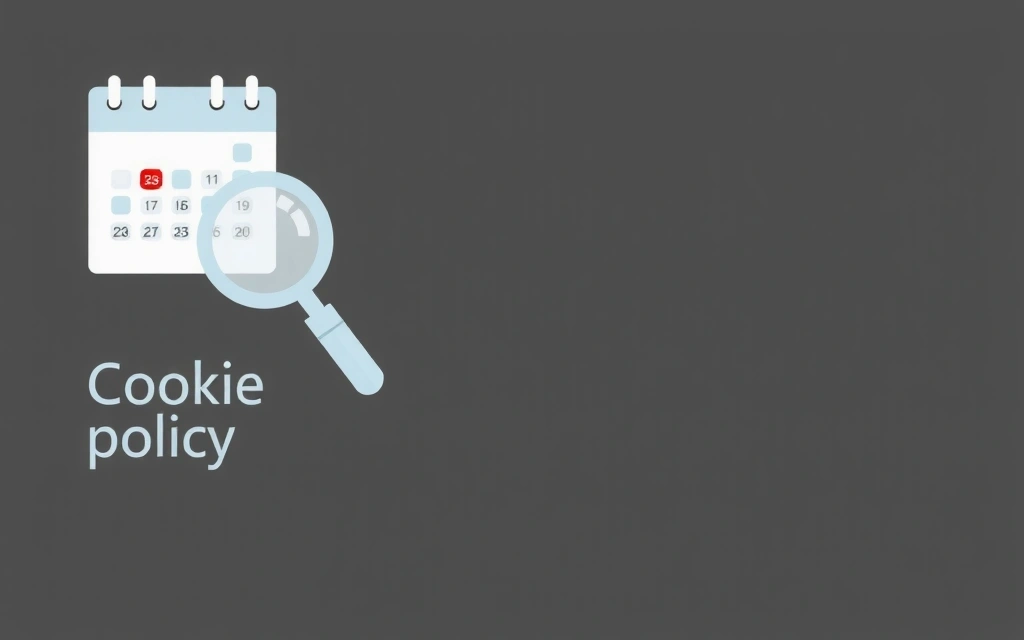 A calendar with dates highlighted, representing the frequency of cookie policy updates, with a magnifying glass hovering over it, symbolizing review and transparency.