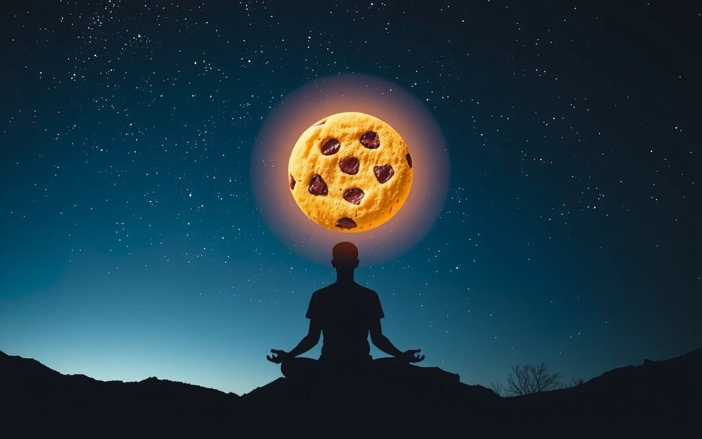 A serene individual meditating with a glowing, abstract cookie icon floating nearby, representing digital privacy and data protection.