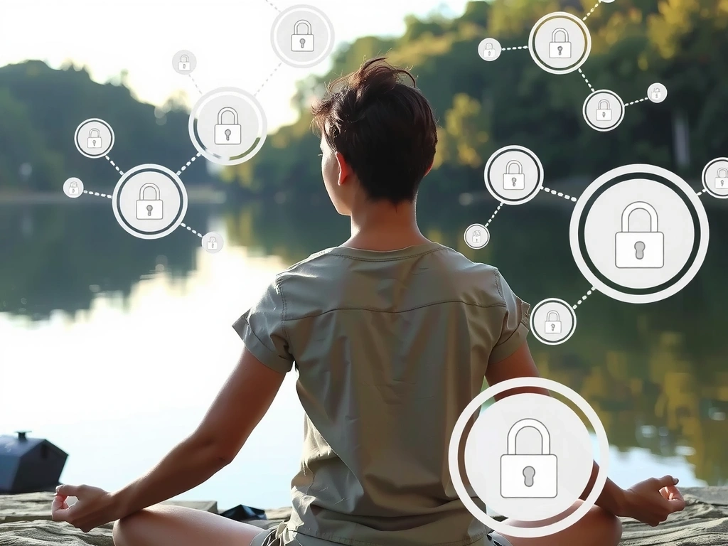 A person meditating peacefully in a serene environment, symbolizing privacy and data protection