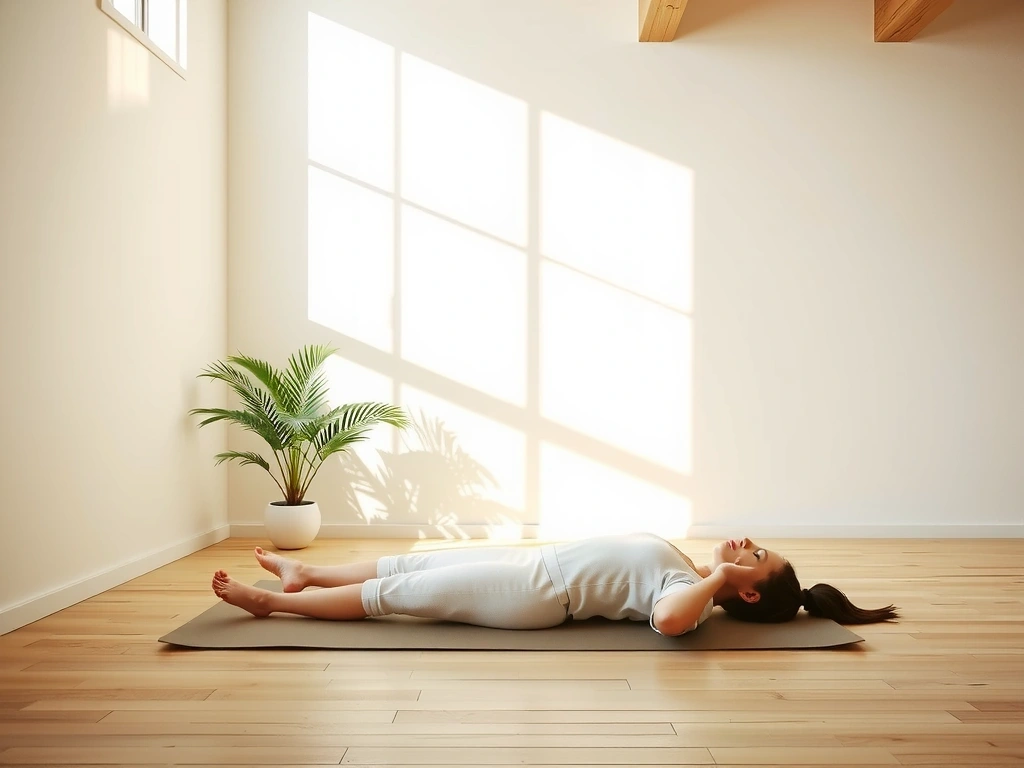 A serene, minimalist yoga space with a mat, a plant, and soft lighting, ready for an online class. No text or symbols.
